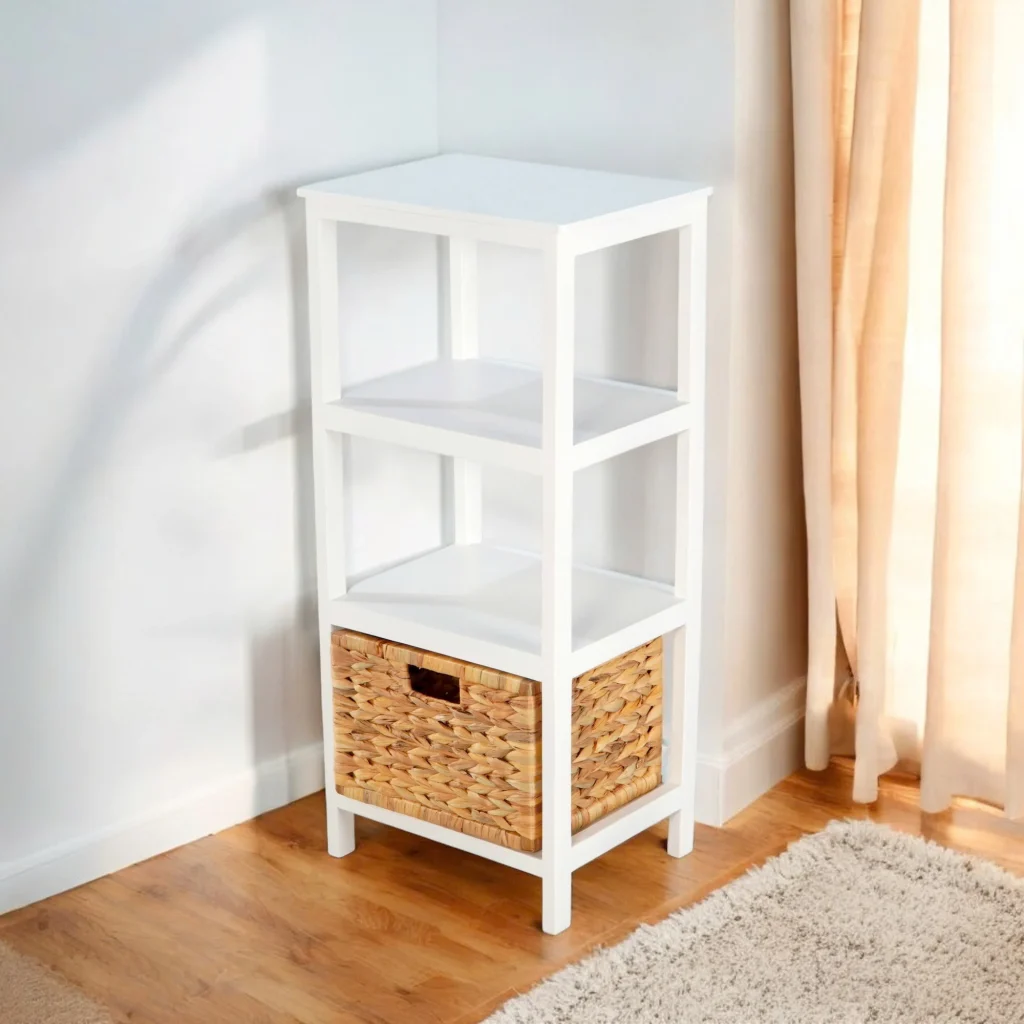 Tủ Gỗ 3 Ngăn - 1 Sọt Lục Bình - Trắng