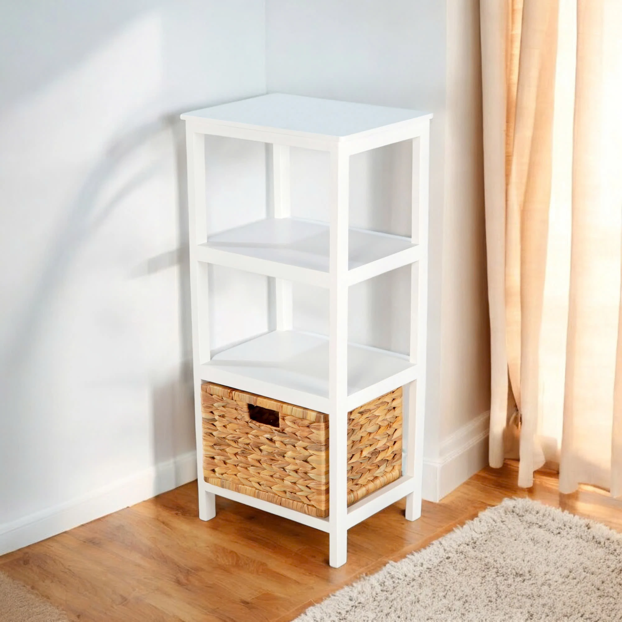 Tủ Gỗ 3 Ngăn - 1 Sọt Lục Bình - Trắng
