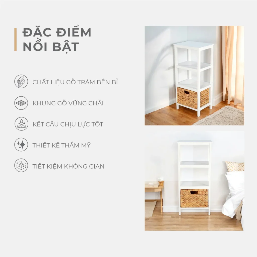 Tủ Gỗ 3 Ngăn - 1 Sọt Lục Bình - Trắng