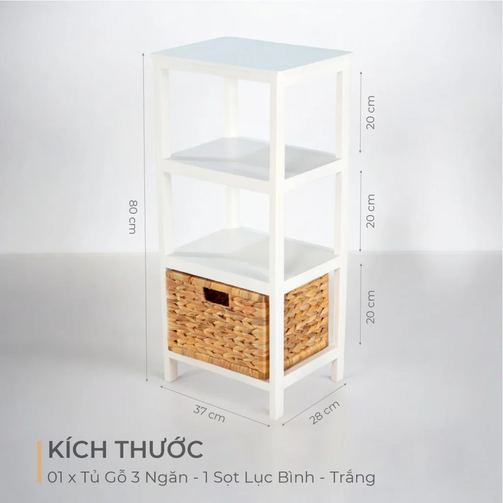 Tủ Gỗ 3 Ngăn - 1 Sọt Lục Bình - Trắng