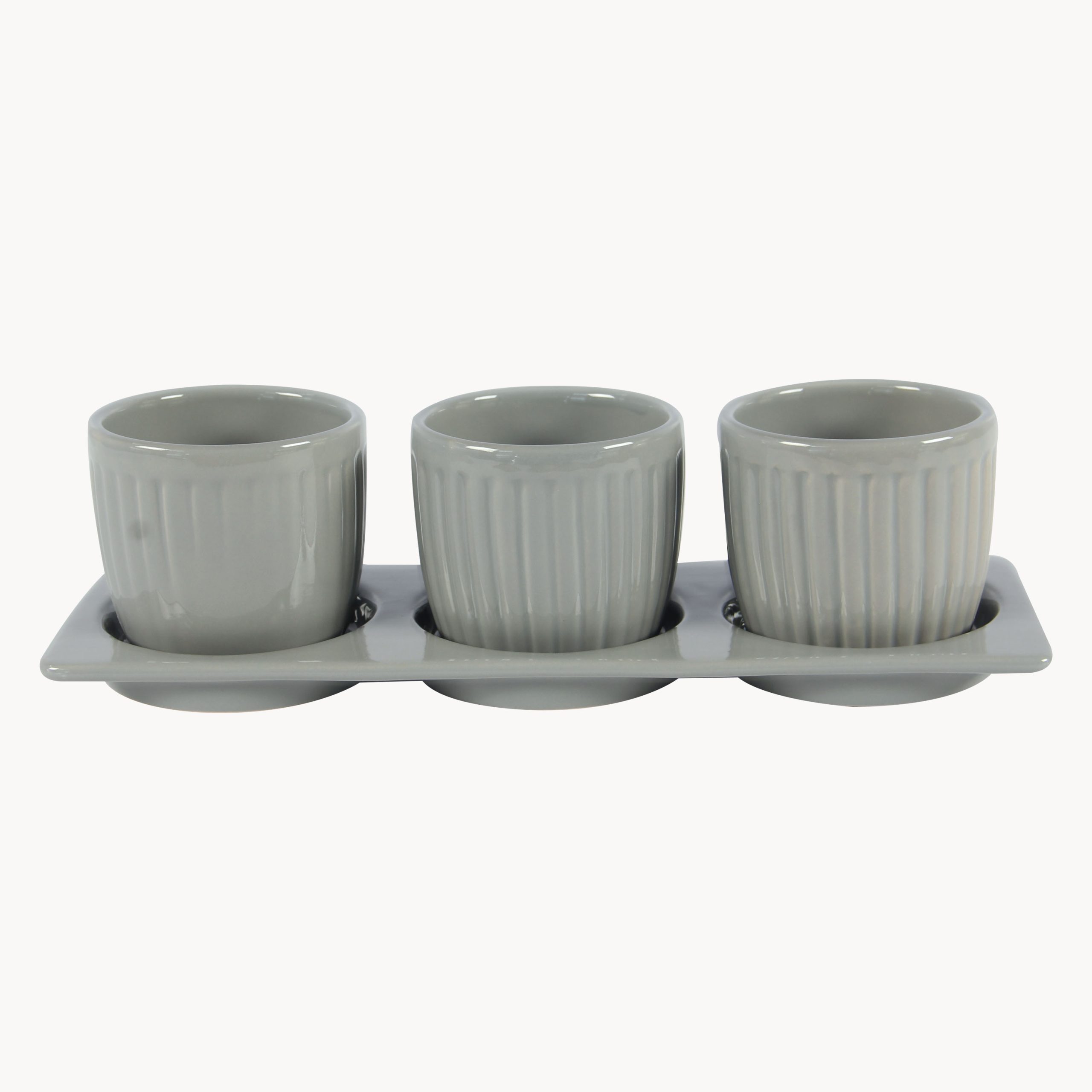 Chậu Gốm Mini Gerbera xọc Kèm Dĩa - Xám Nhạt(Set of 3)