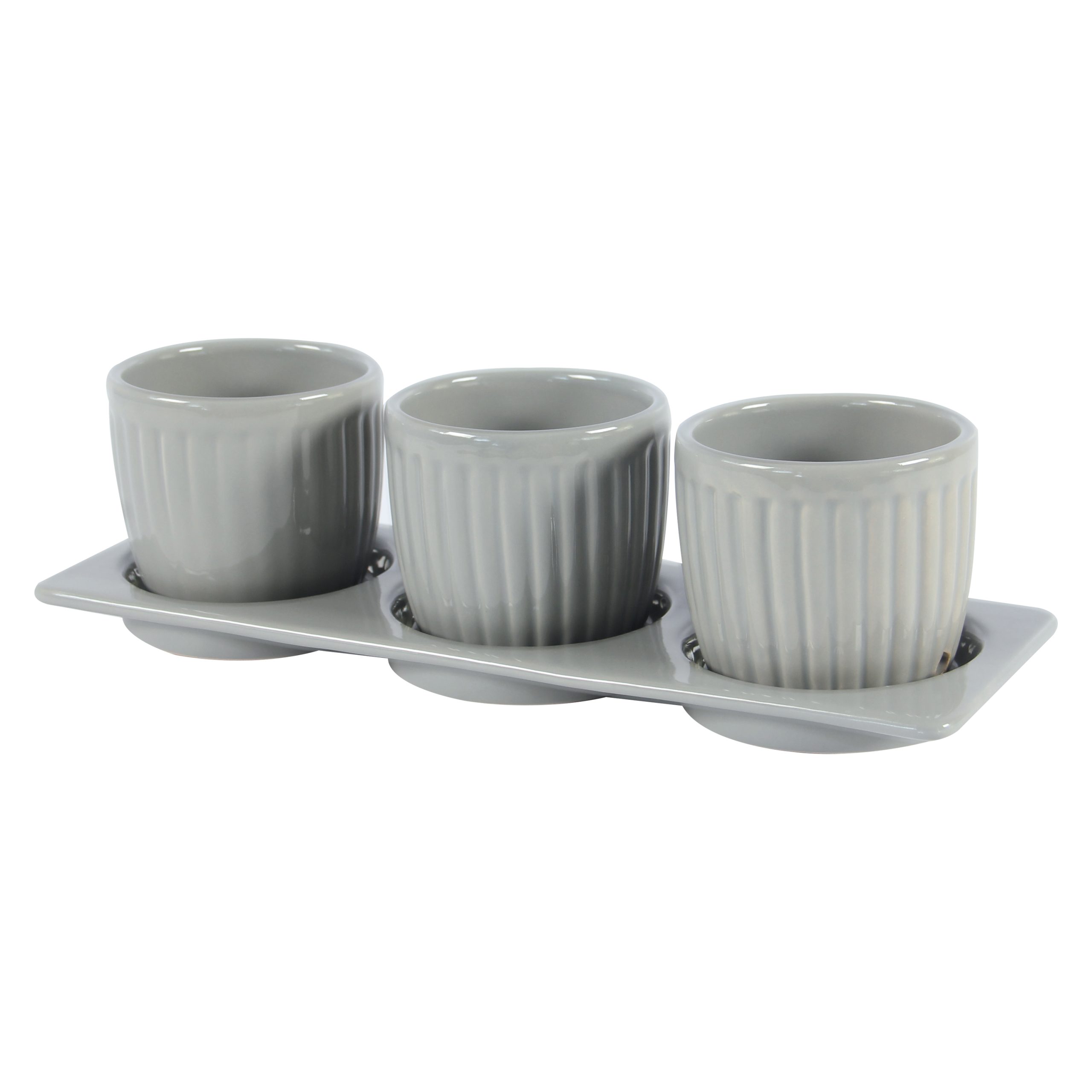 Chậu Gốm Mini Gerbera xọc Kèm Dĩa - Xám Nhạt(Set of 3)