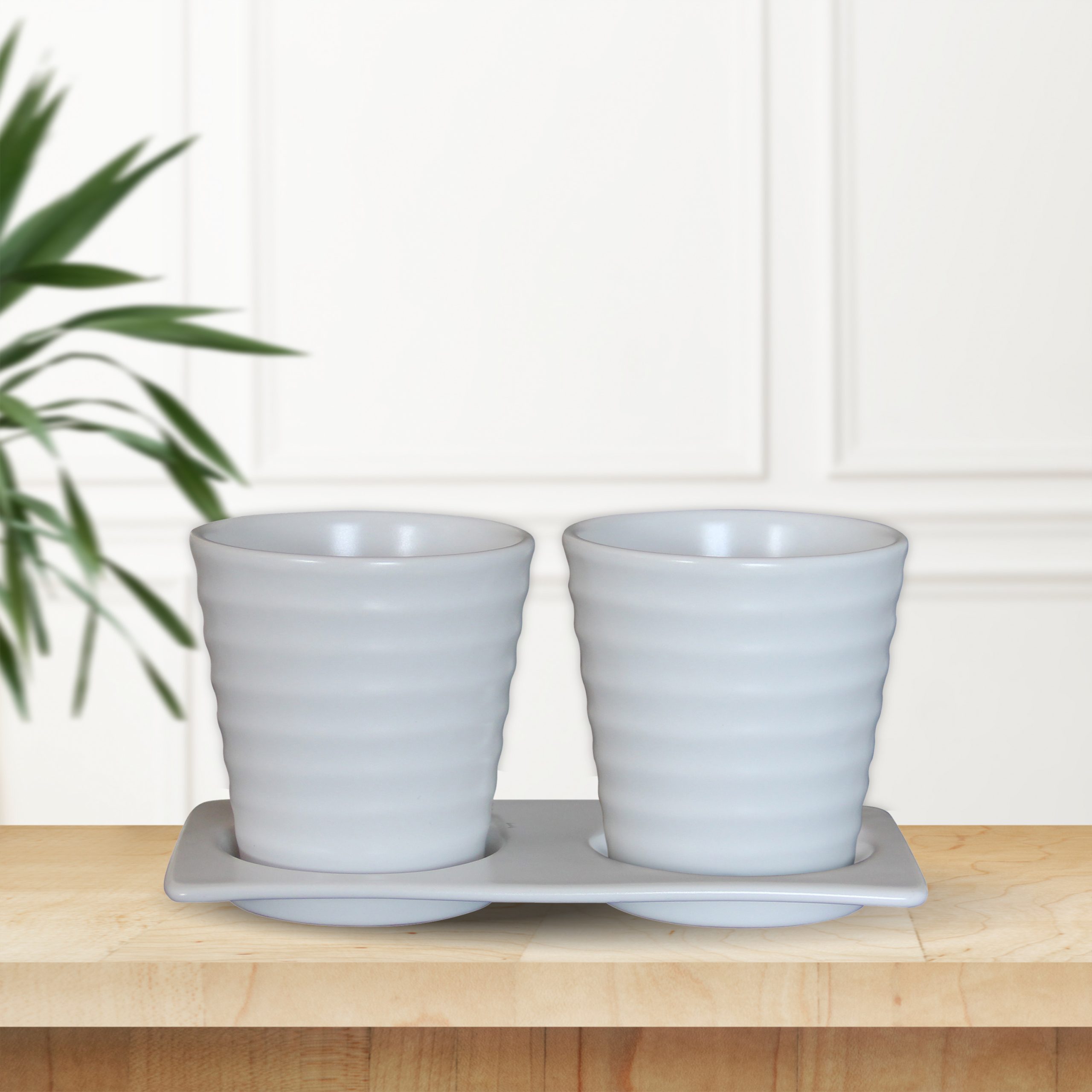 Chậu Gốm Mini Xoắn Kèm Dĩa - Trắng (Set of 2)