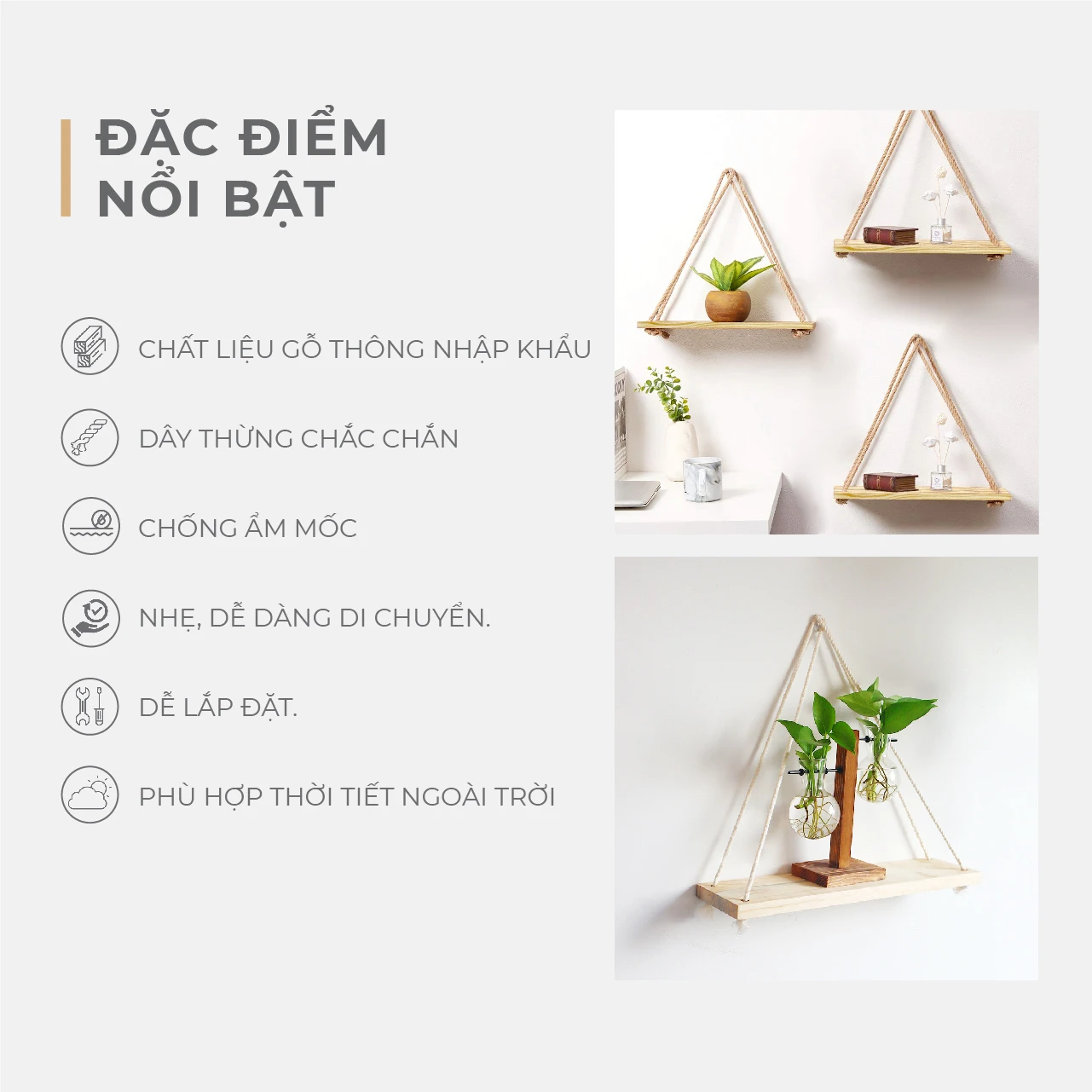 Kệ Treo Tường Gỗ Thông kèm dây thừng