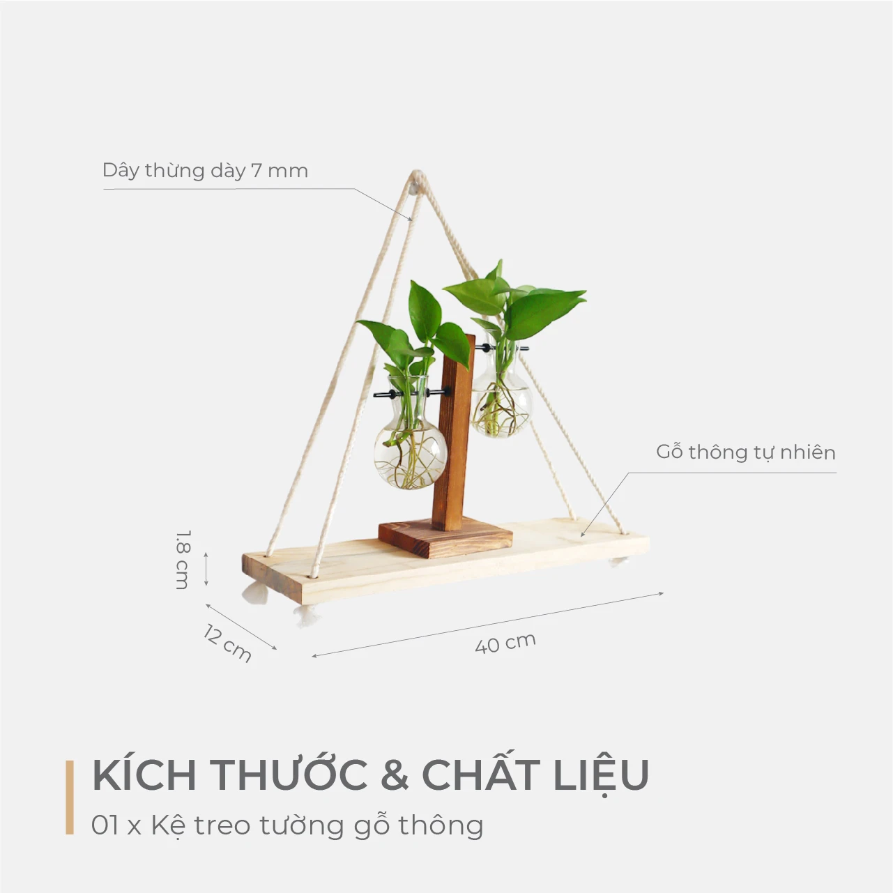 Kệ Treo Tường Gỗ Thông kèm dây thừng