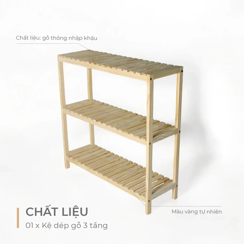 Kệ Dép Gỗ 3 Tầng Pine Lắp Ráp - Vàng