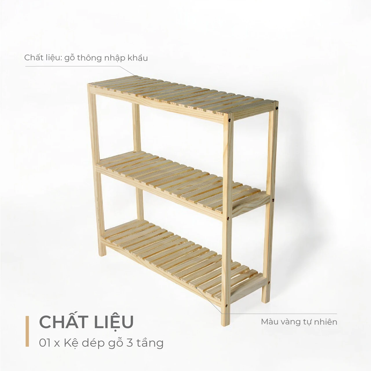 Kệ Dép Gỗ 3 Tầng Pine Lắp Ráp - Vàng