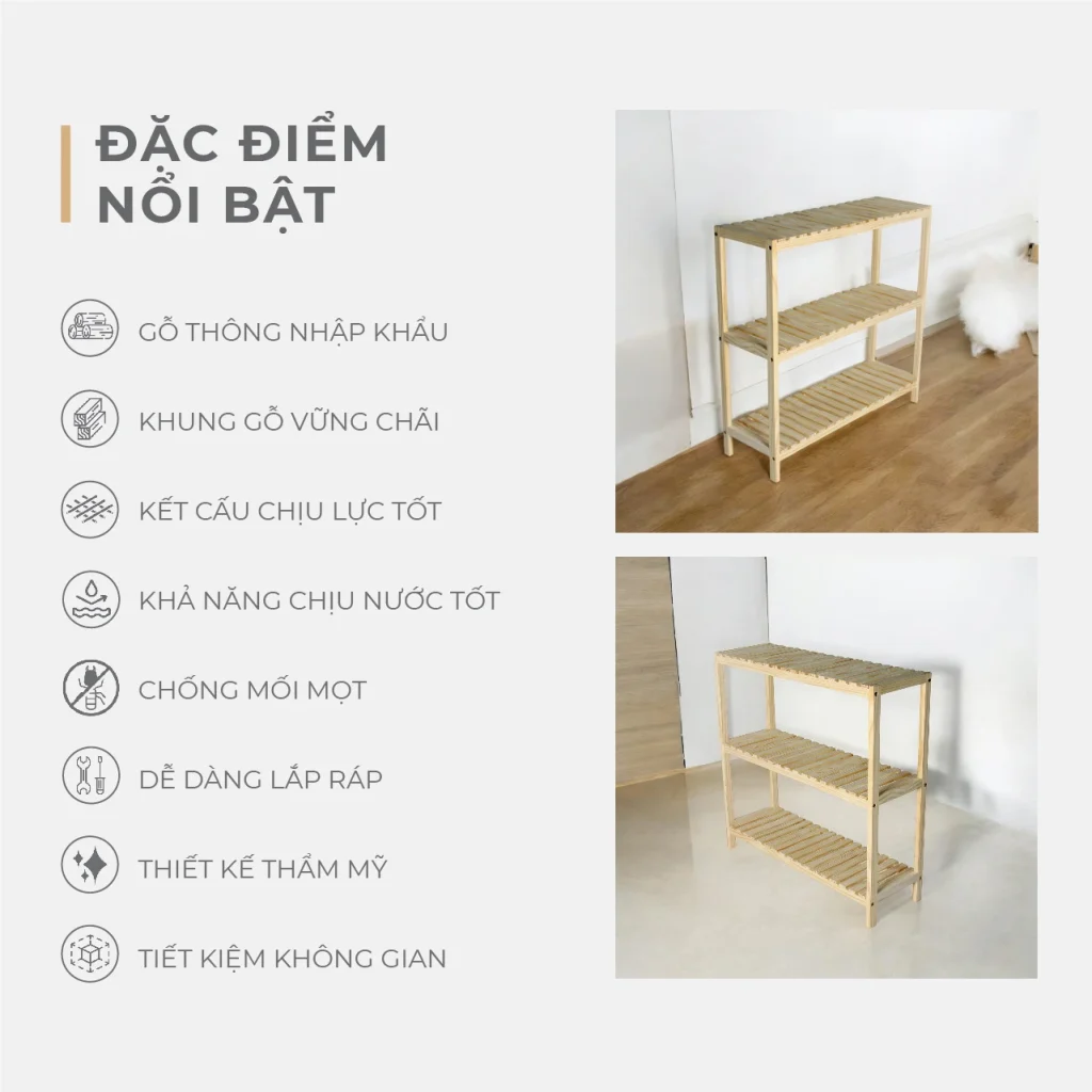 Kệ Dép Gỗ 3 Tầng Pine Lắp Ráp - Vàng