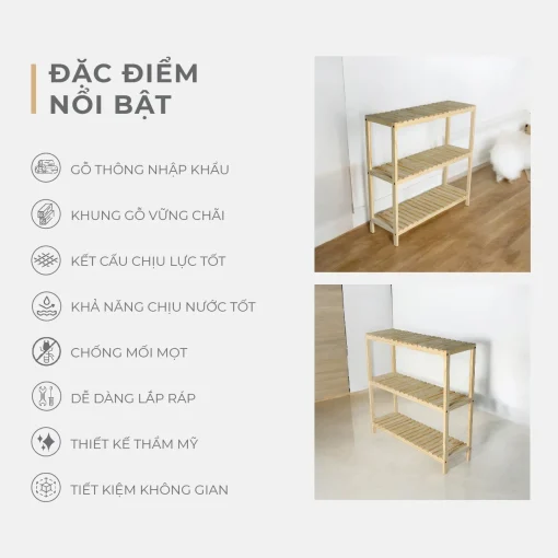 Kệ Dép Gỗ 3 Tầng Pine Lắp Ráp - Vàng