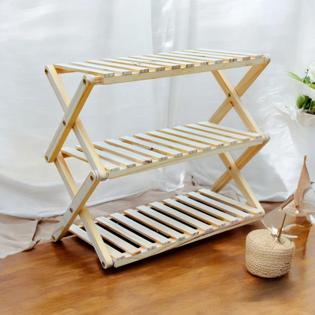 Kệ Dép Gỗ Zích Zắc 3 Tầng Pine Lắp Ráp - Vàng