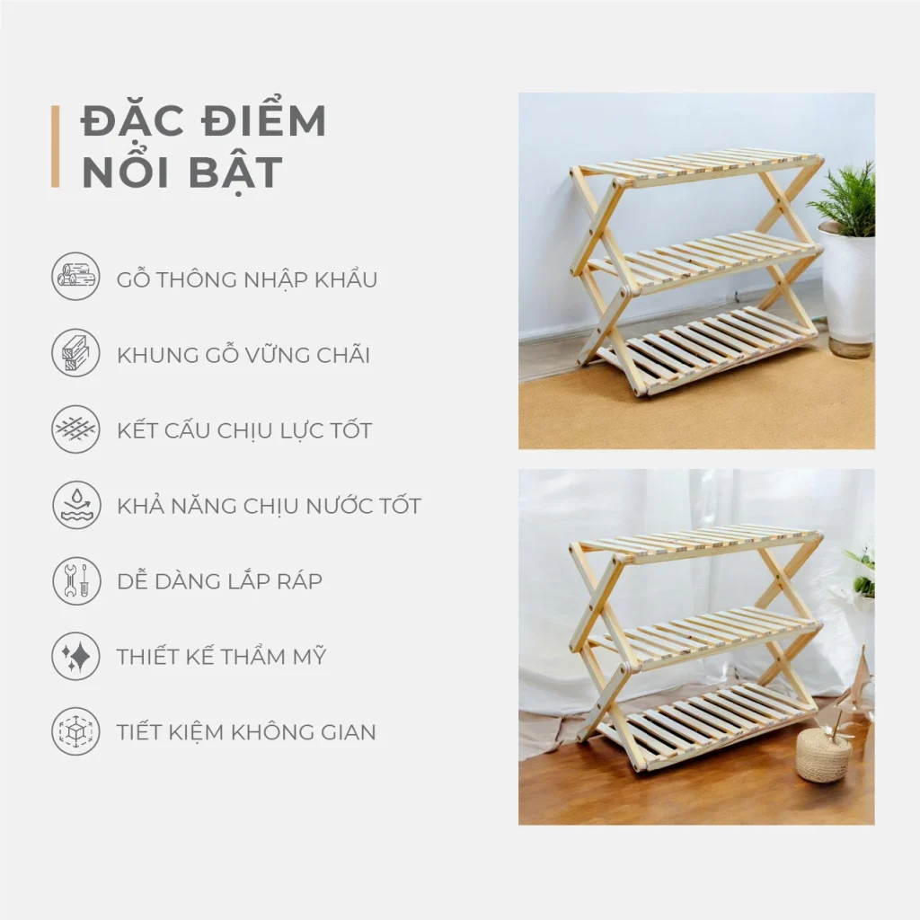 Kệ Dép Gỗ Zích Zắc 3 Tầng Pine Lắp Ráp - Vàng