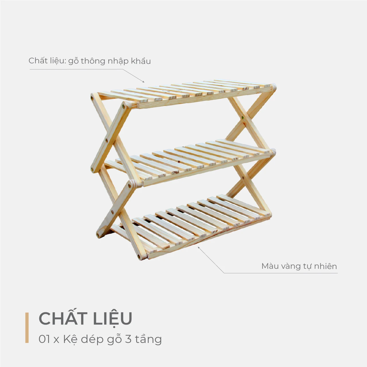 Kệ Dép Gỗ Zích Zắc 3 Tầng Pine Lắp Ráp - Vàng