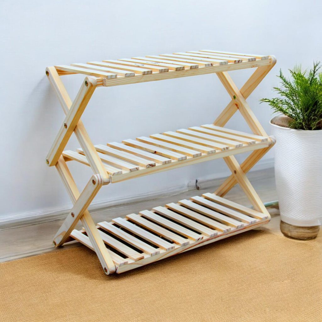 Kệ Dép Gỗ Zích Zắc 3 Tầng Pine Lắp Ráp - Vàng