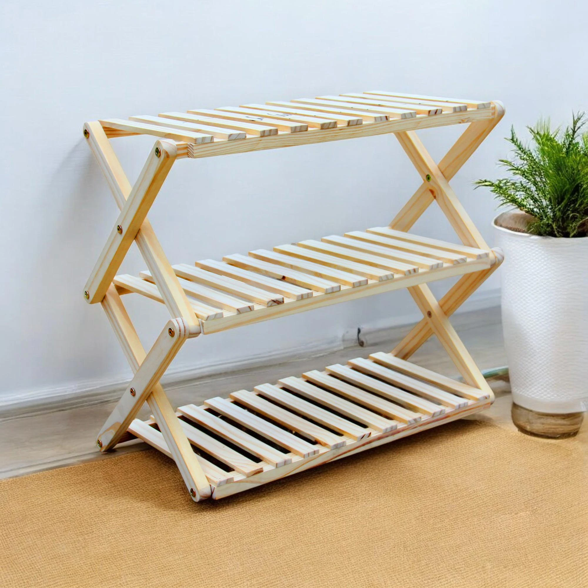 Kệ Dép Gỗ Zích Zắc 3 Tầng Pine Lắp Ráp - Vàng