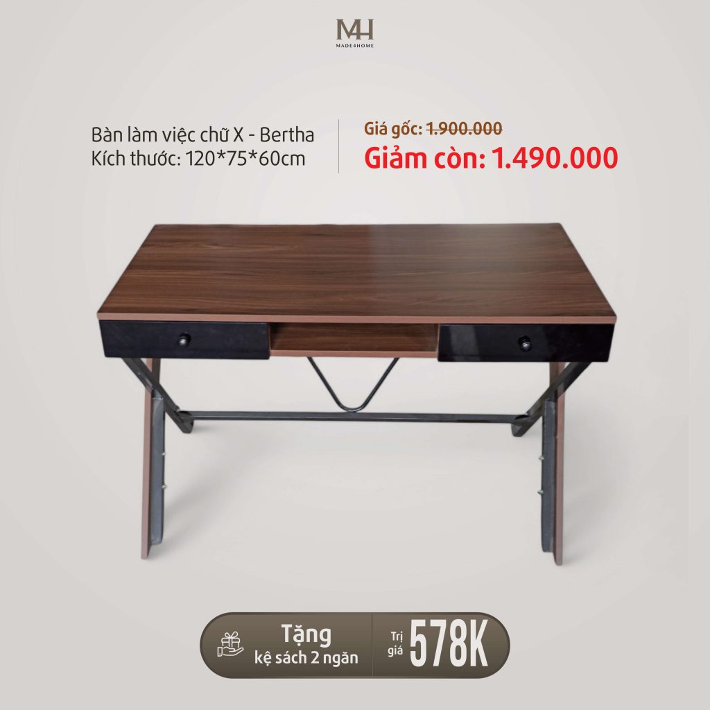 Bàn Làm Việc Chữ X - Bertha MDF Chống Trầy, Thiết Kế Hiện Đại I Made4Home