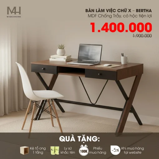 Bàn làm việc Bertha - Gỗ MDF chống trầy, có hộc tiện lợi