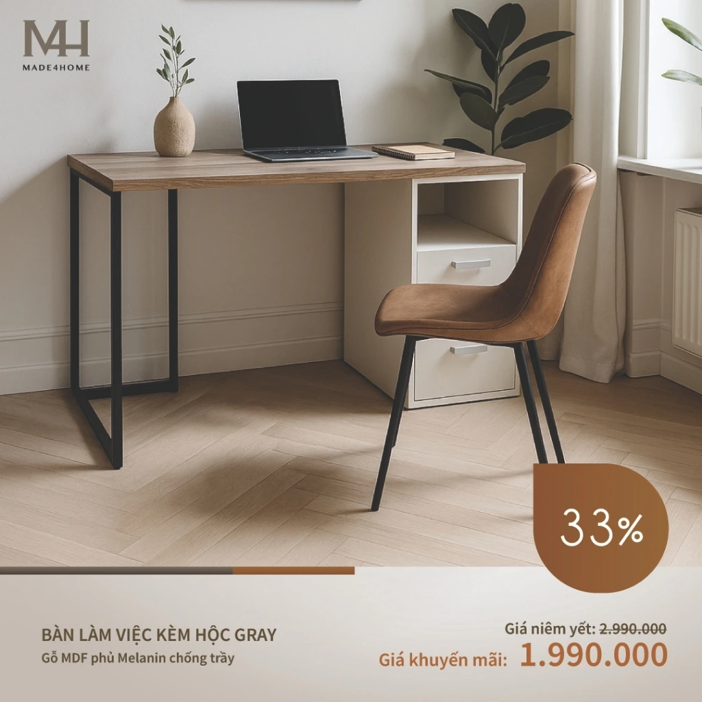 Bàn làm việc kèm hộc Gray- Gỗ MDF phủ Melanin chống trầy