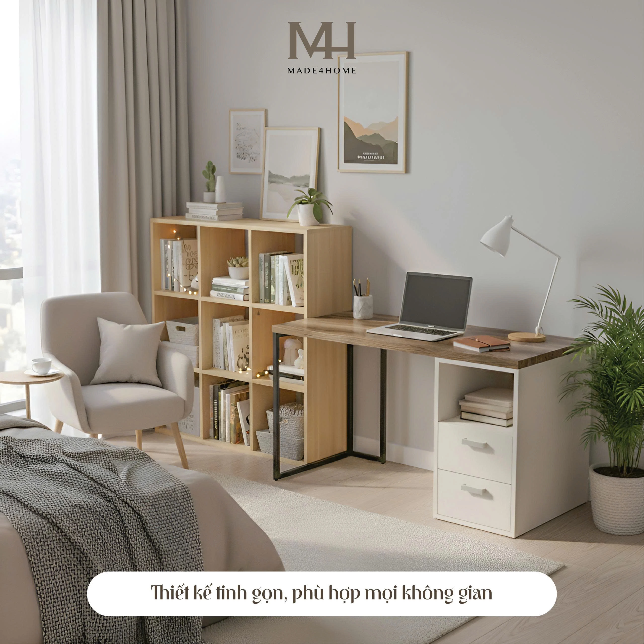Bàn làm việc kèm hộc Gray- Gỗ MDF phủ Melanin chống trầy