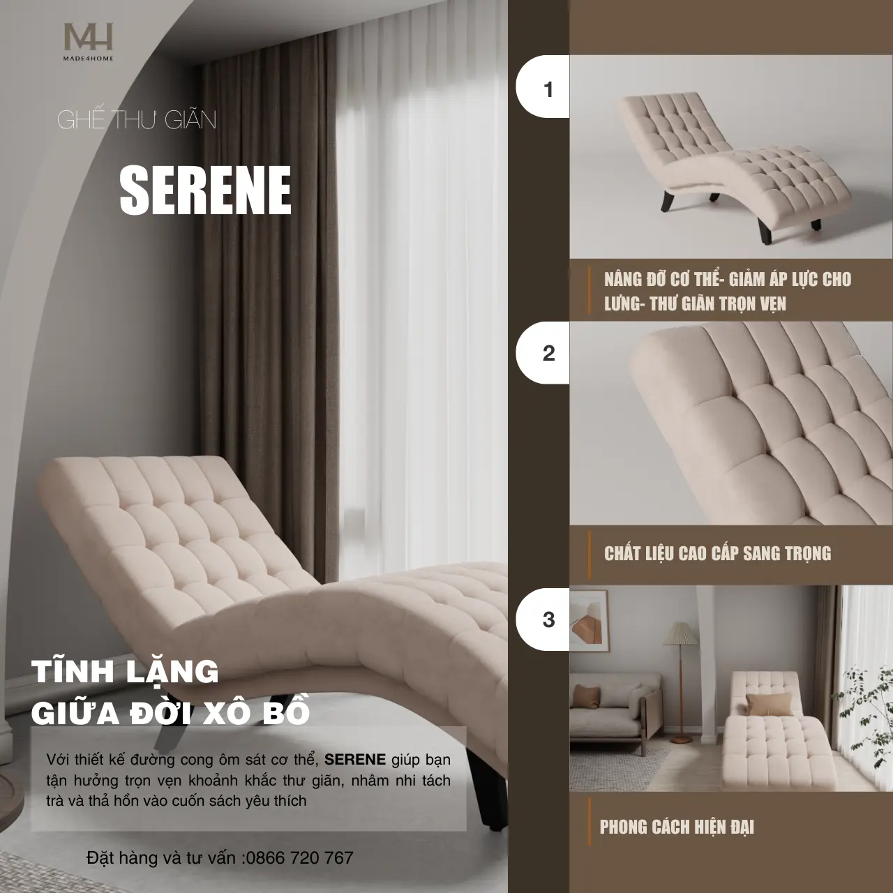 Ghế thư giãn Serene- Khung gỗ dầu, nệm cao cấp ôm trọn cơ thể. 8 Ghế thư giãn Serene- Khung gỗ dầu, nệm cao cấp ôm trọn cơ thể.