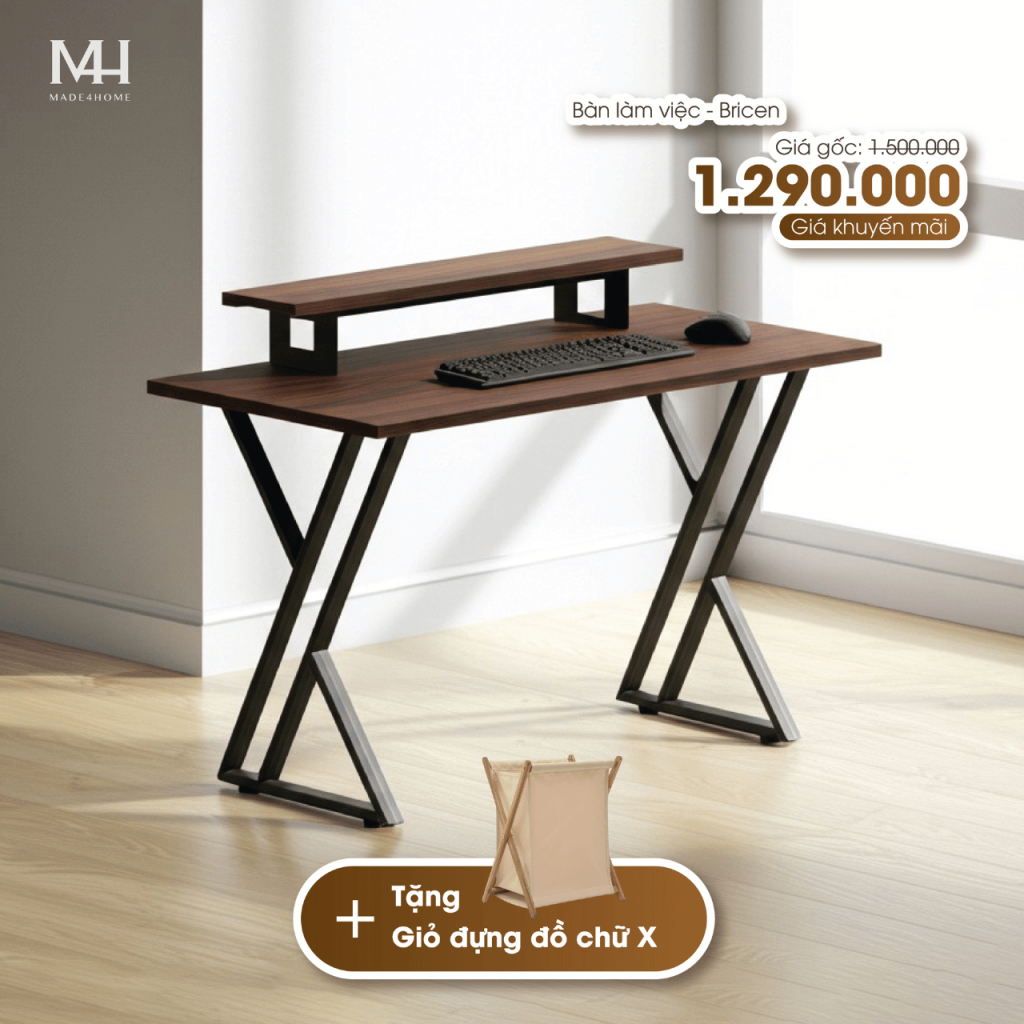 Bàn Làm Việc Bricen Gỗ MDF Chân Sắt – Thiết Kế Hiện Đại, Có Kệ Laptop