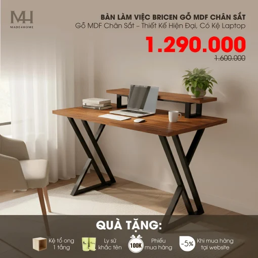 Bàn Làm Việc Bricen Gỗ MDF Chân Sắt – Thiết Kế Hiện Đại, Có Kệ Laptop