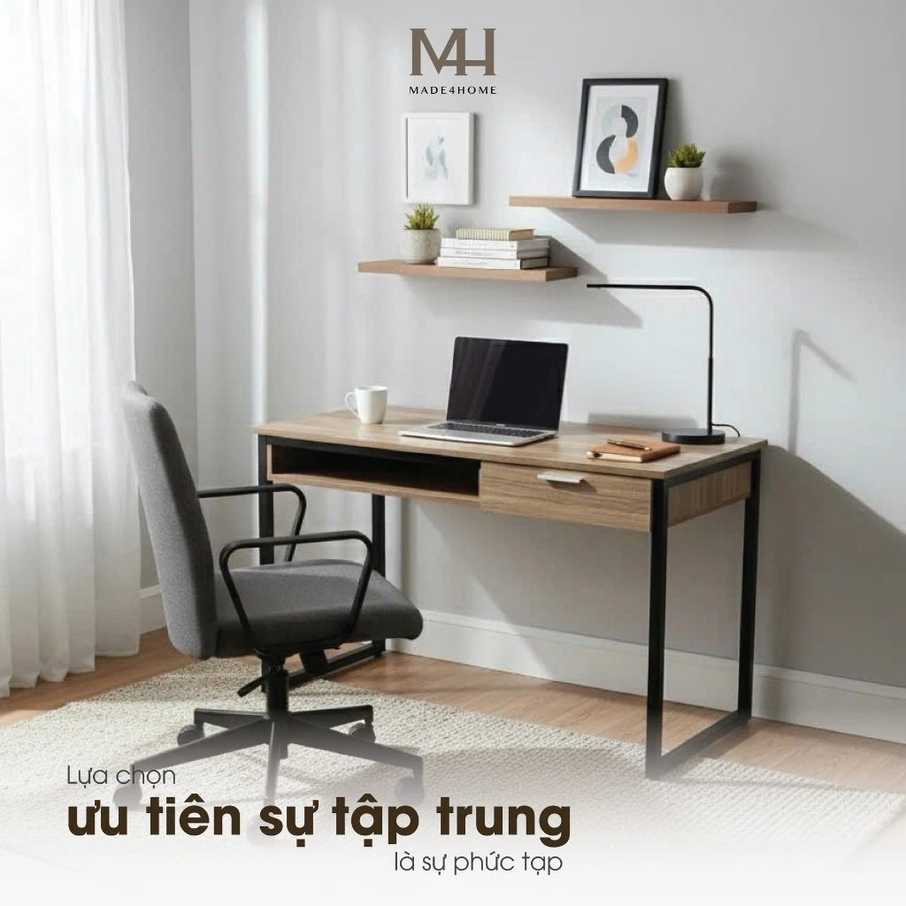 Bàn làm việc Channay gỗ MDF chân sắt – Thiết kế đơn giản hiện đại