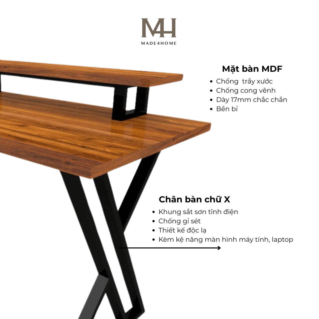 Bàn Làm Việc Bricen Gỗ MDF Chân Sắt – Thiết Kế Hiện Đại, Có Kệ Laptop