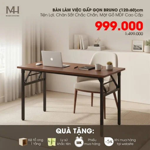 Bàn Làm Việc Gấp Gọn Bruno 120x60 – Có 2 màu Thiết Kế Tiện Lợi, Chân Sắt Chắc Chắn, Mặt Gỗ MDF Cao Cấp